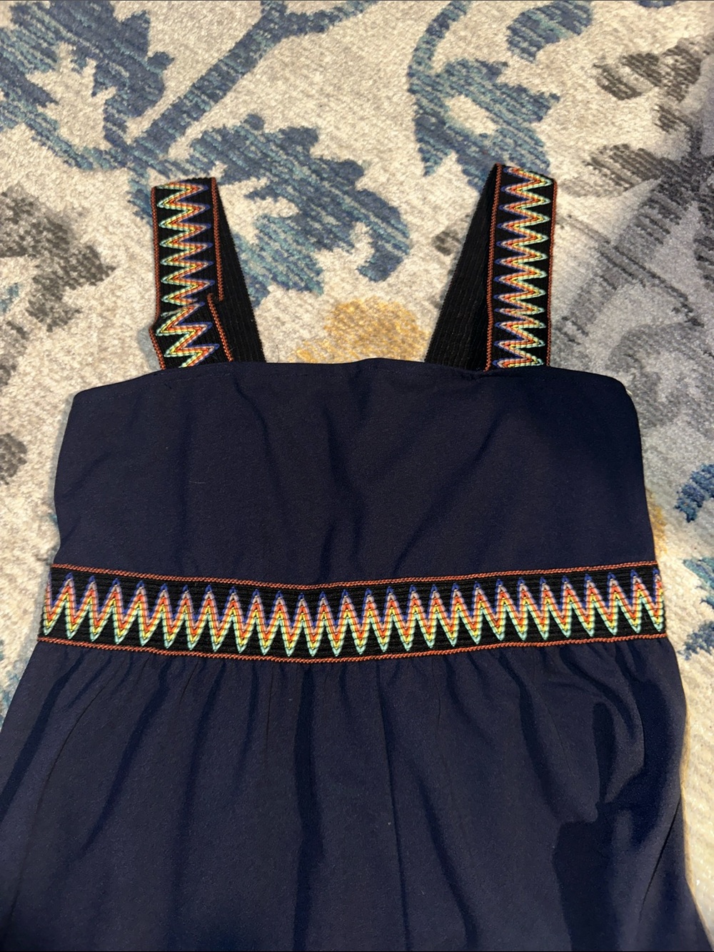 Navy Chevron Embroidered Strap Romper Sz Large - Picture 6 of 7